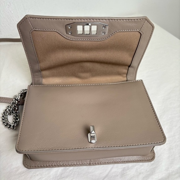 REBECCA MINKOFF Chevron Quilted Small Love Crossbody Leather Bag Taupe Sandrift - Picture 14 of 17